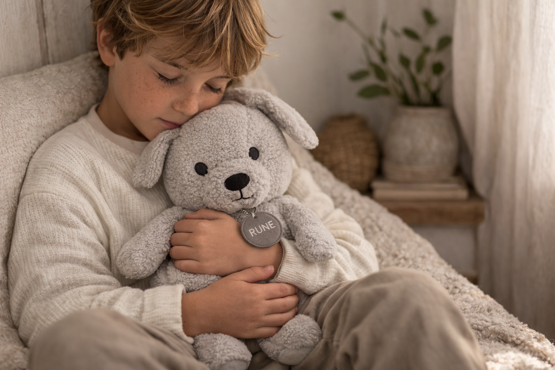 child cuddling Rune the Brave Dog comfort toy