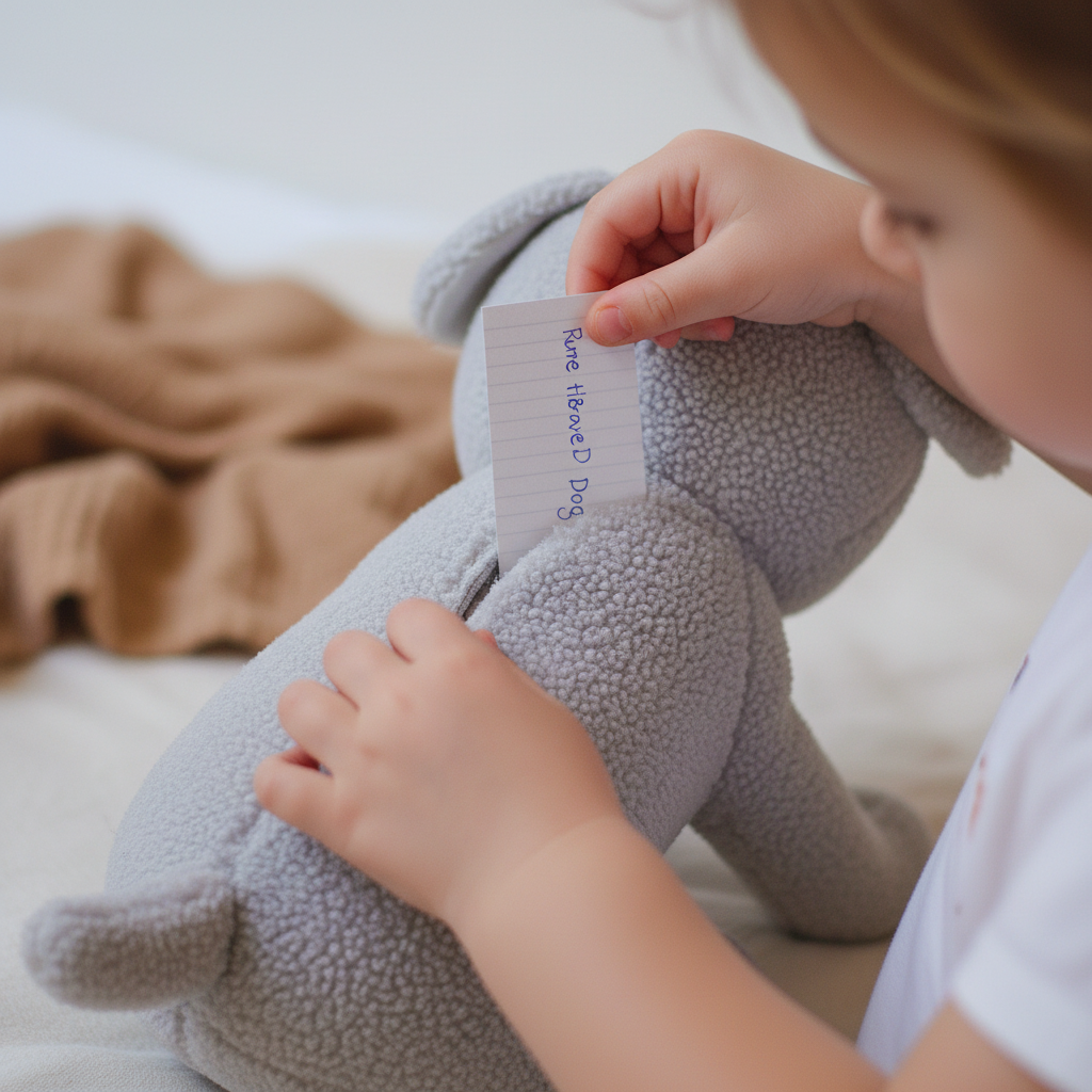 Child placing note vertically into grey Rune toy