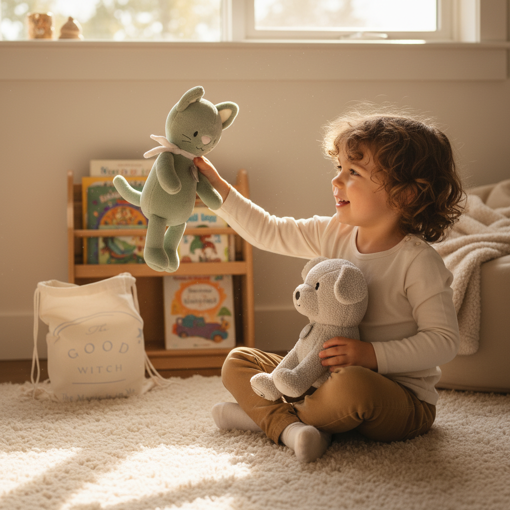 Child playing with Indi and Rune plush toys